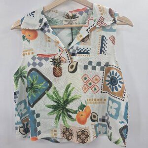 Terzo Millenio White Tropical Fruit Linen Made in Italy Sleeveless Blouse Small